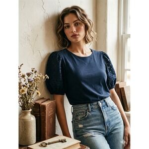 Express Womens Puff Eyelet Sleeve Top XL Navy Blue Boho Romantic EX007955